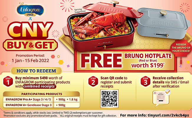 Purchase $490 worth of Enfagrow Pro A+ products to redeem a BRUNO Hotplate*
